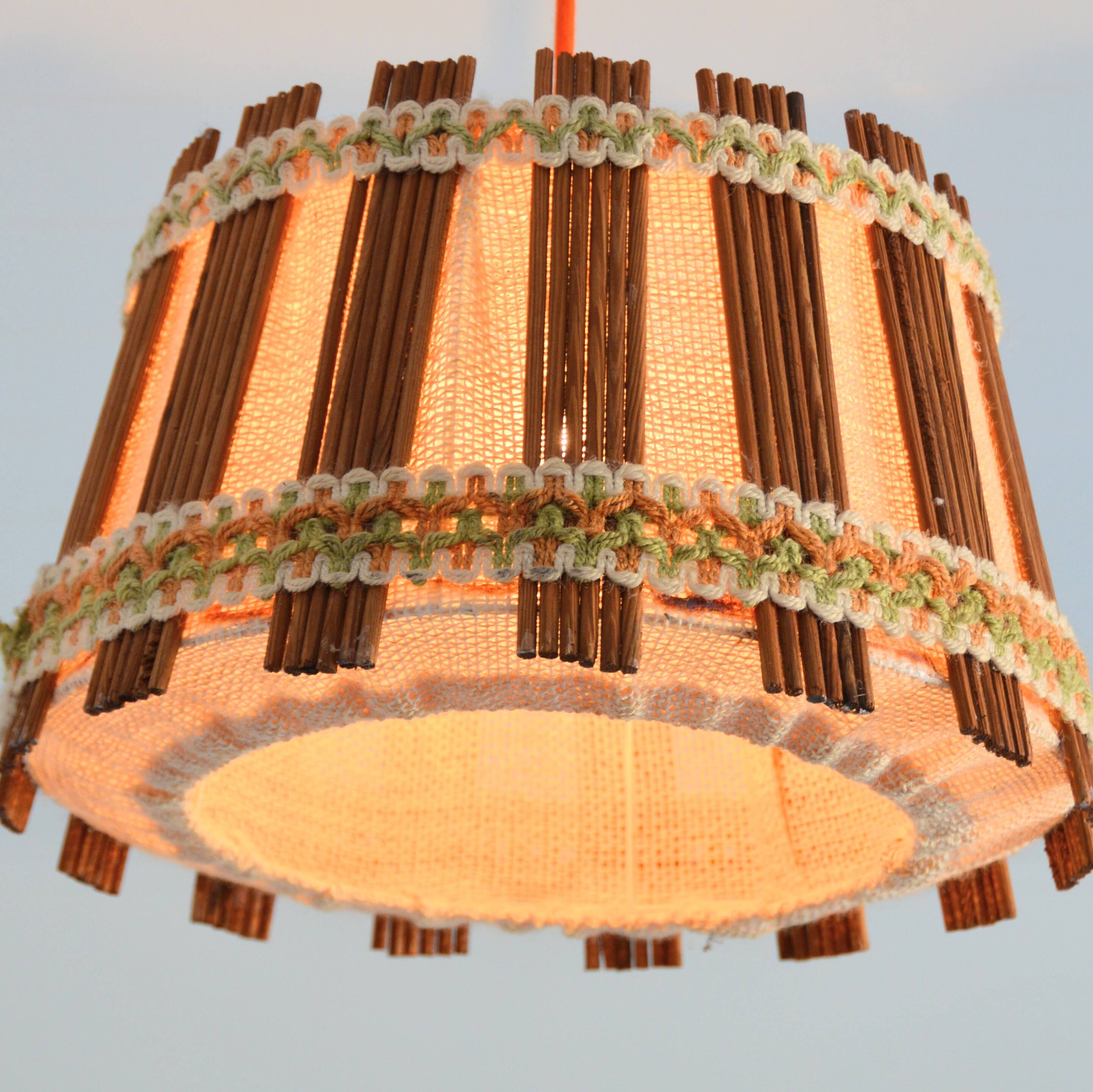 Vintage 1970s burlap and wood pendant light