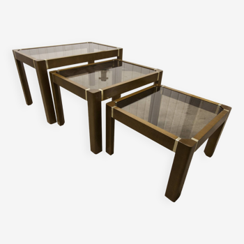 Set of 3 elm and smoked glass nesting tables 1970