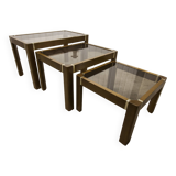 Set of 3 elm and smoked glass nesting tables 1970