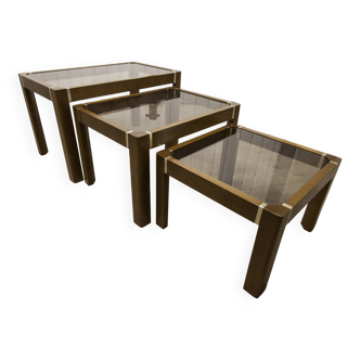 Set of 3 elm and smoked glass nesting tables 1970