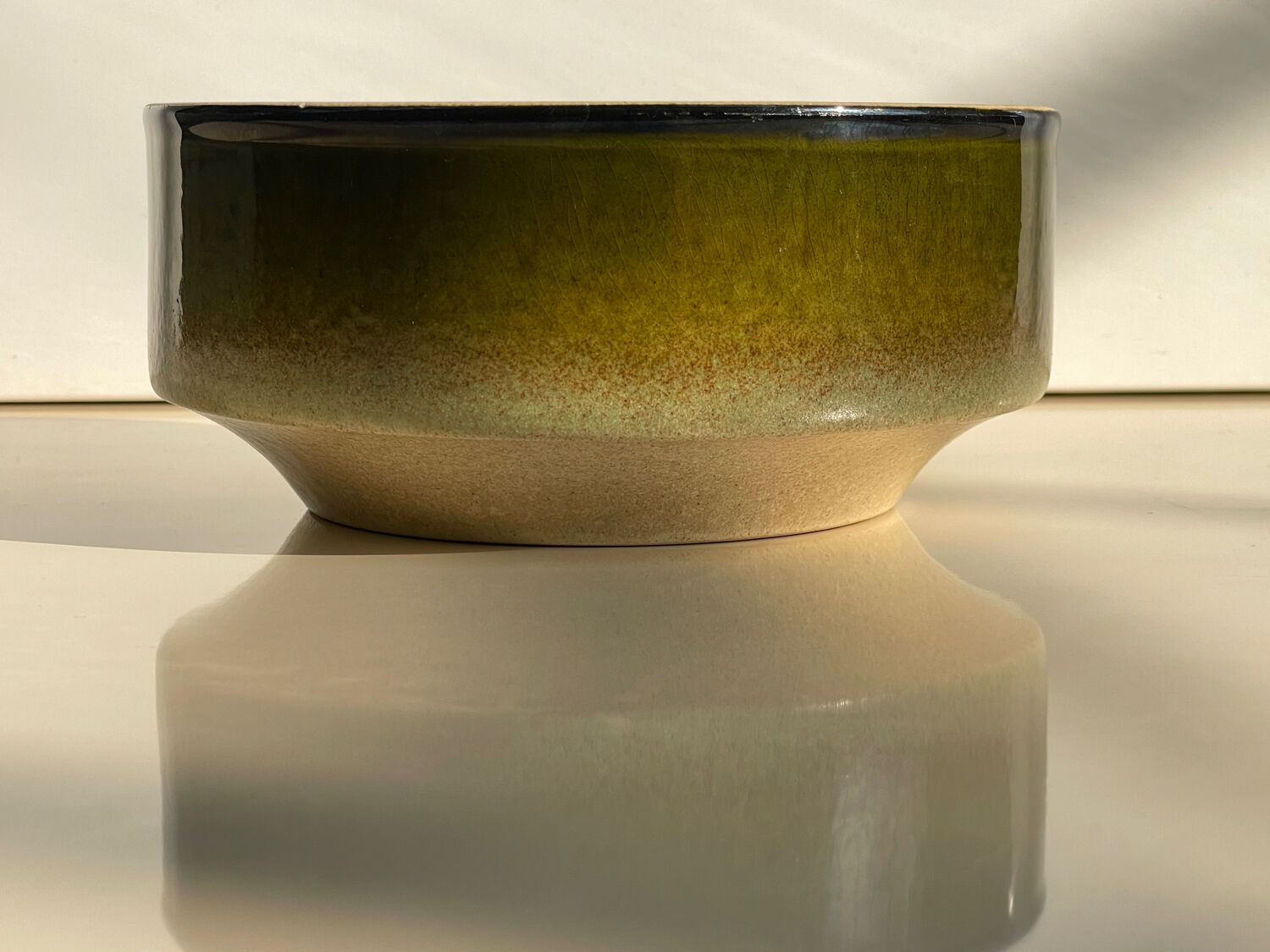 Large vintage ceramic bowl in olive green enamel - 1970s