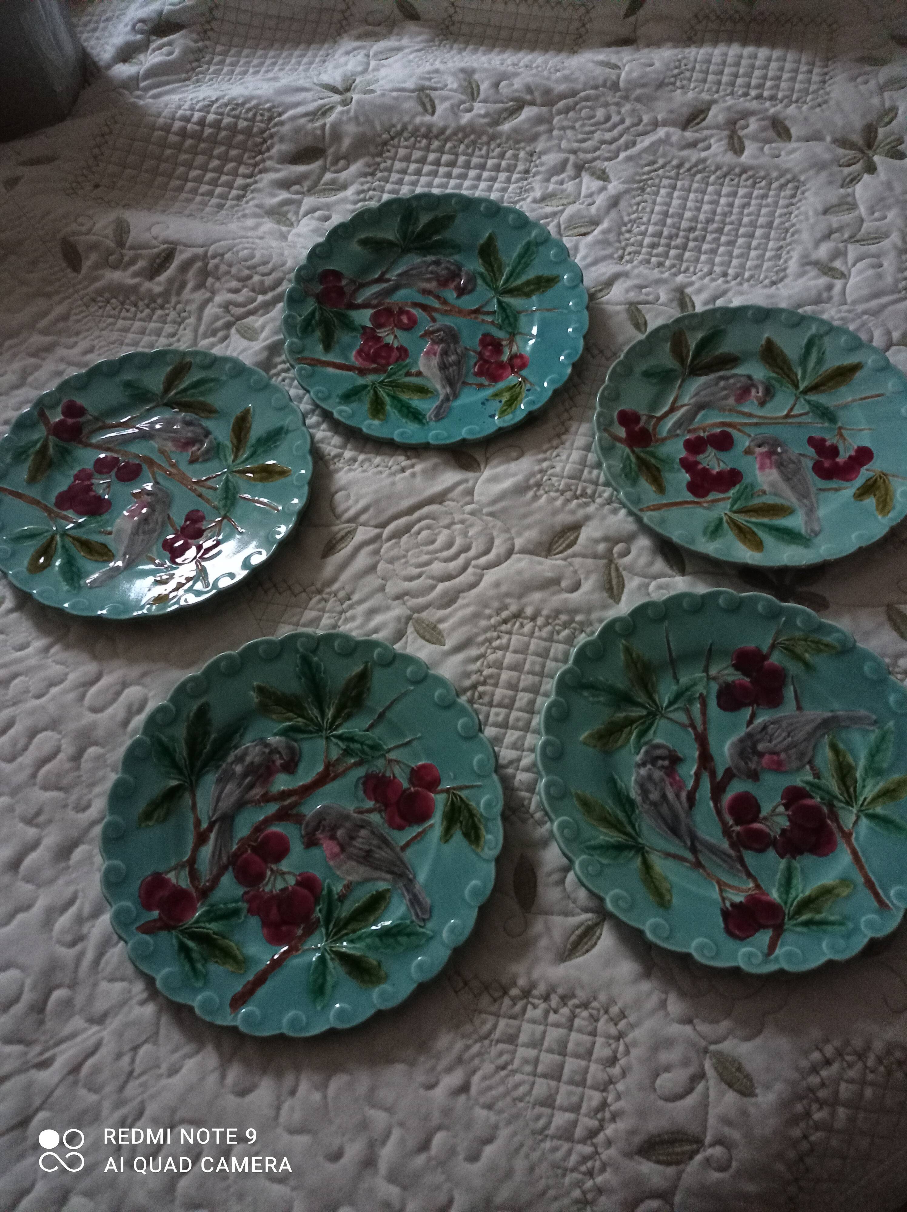 5 bird barbotine plates from Sarreguemines 19th century