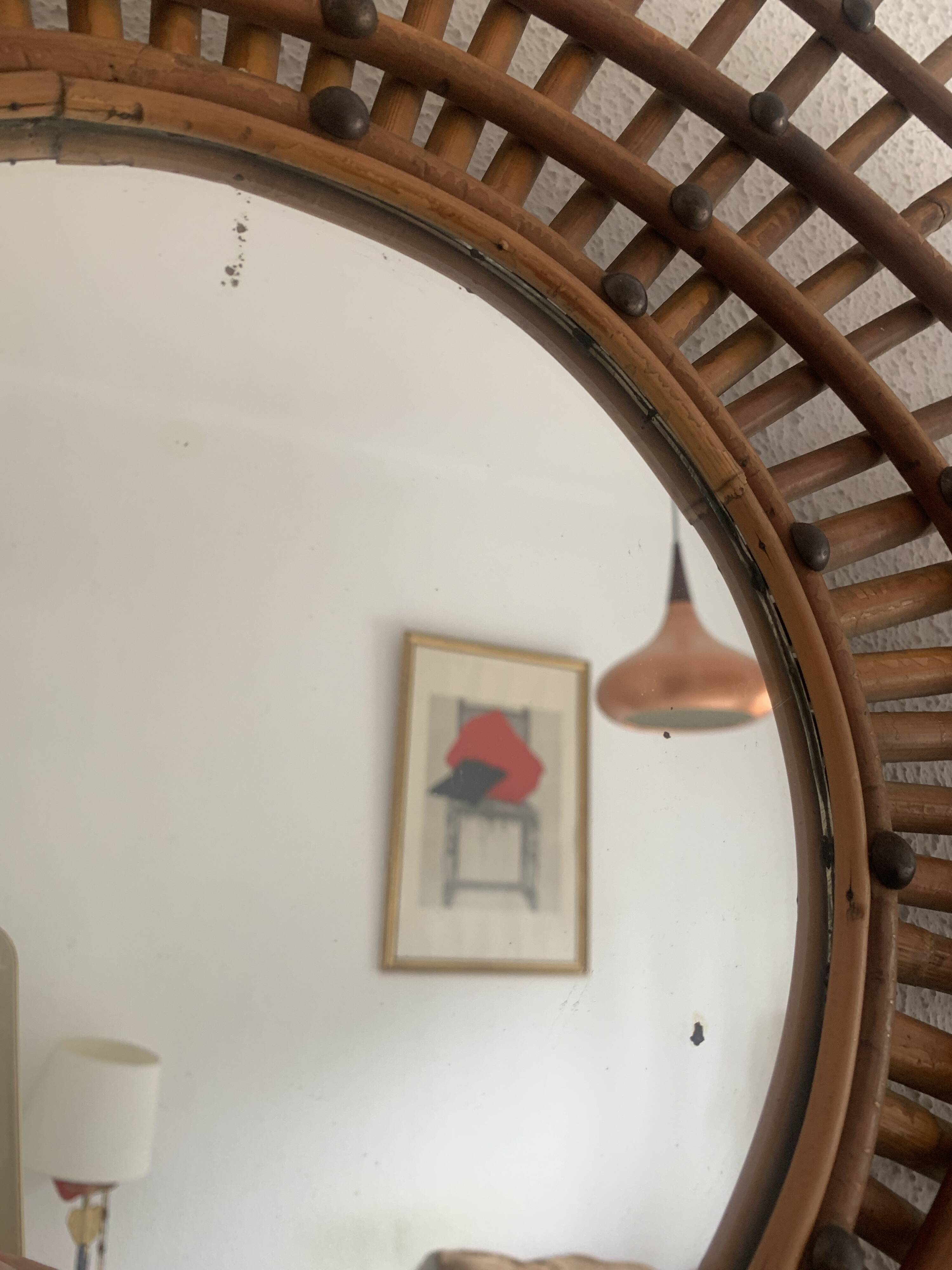 Vintage 1960s rattan sun mirror spiral - 80 x 62 cm
