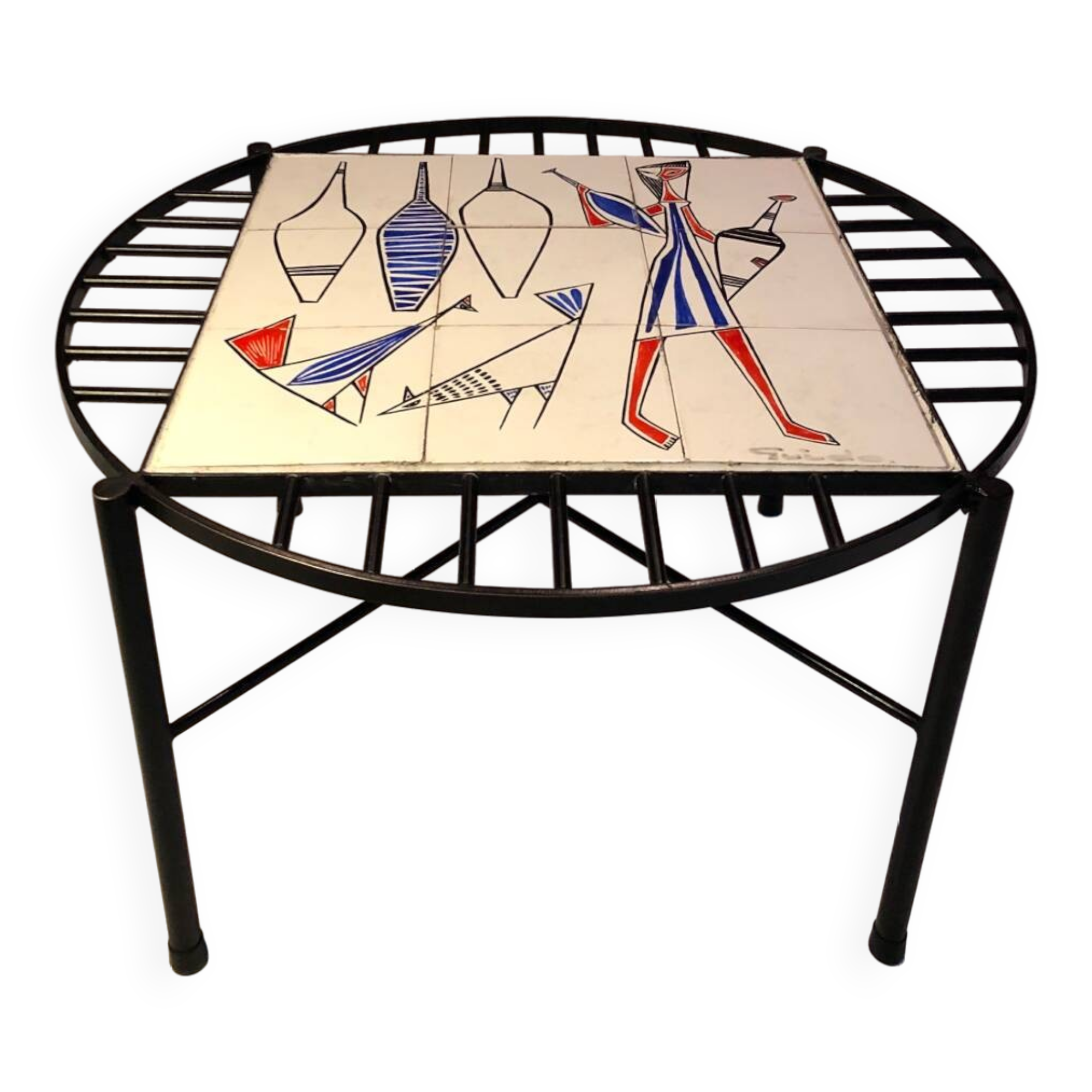 Modernist coffee table in steel and ceramic 1950