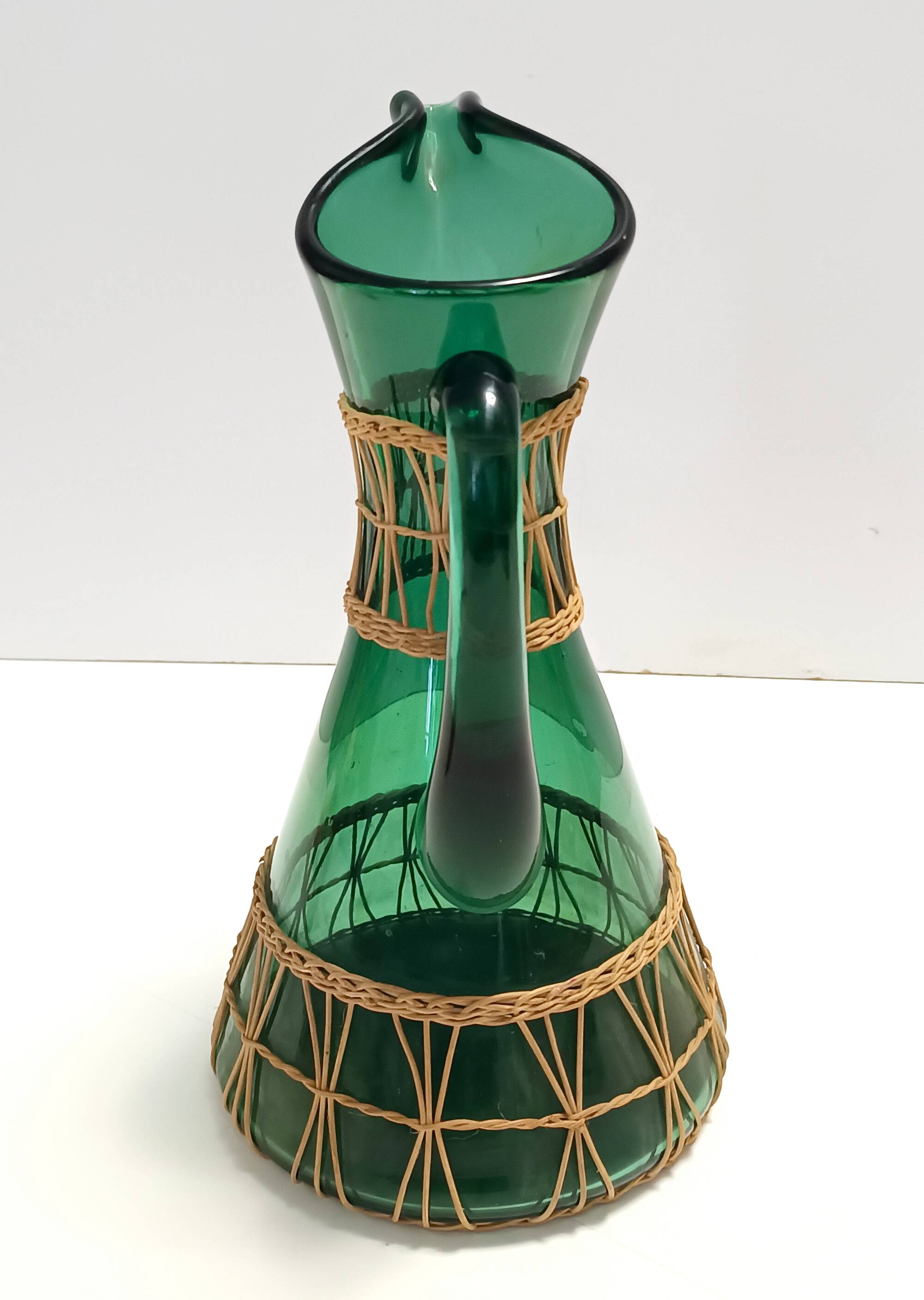 Green Hand Blown Glass and Wicker Jug / Vase, Empoli, Italy