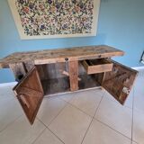 Antique carpenter's workbench in oak and beech - 19th century - Rare model with a cabinet.