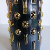 Amber blown glass and midnight blue metal hanging lamp 1960