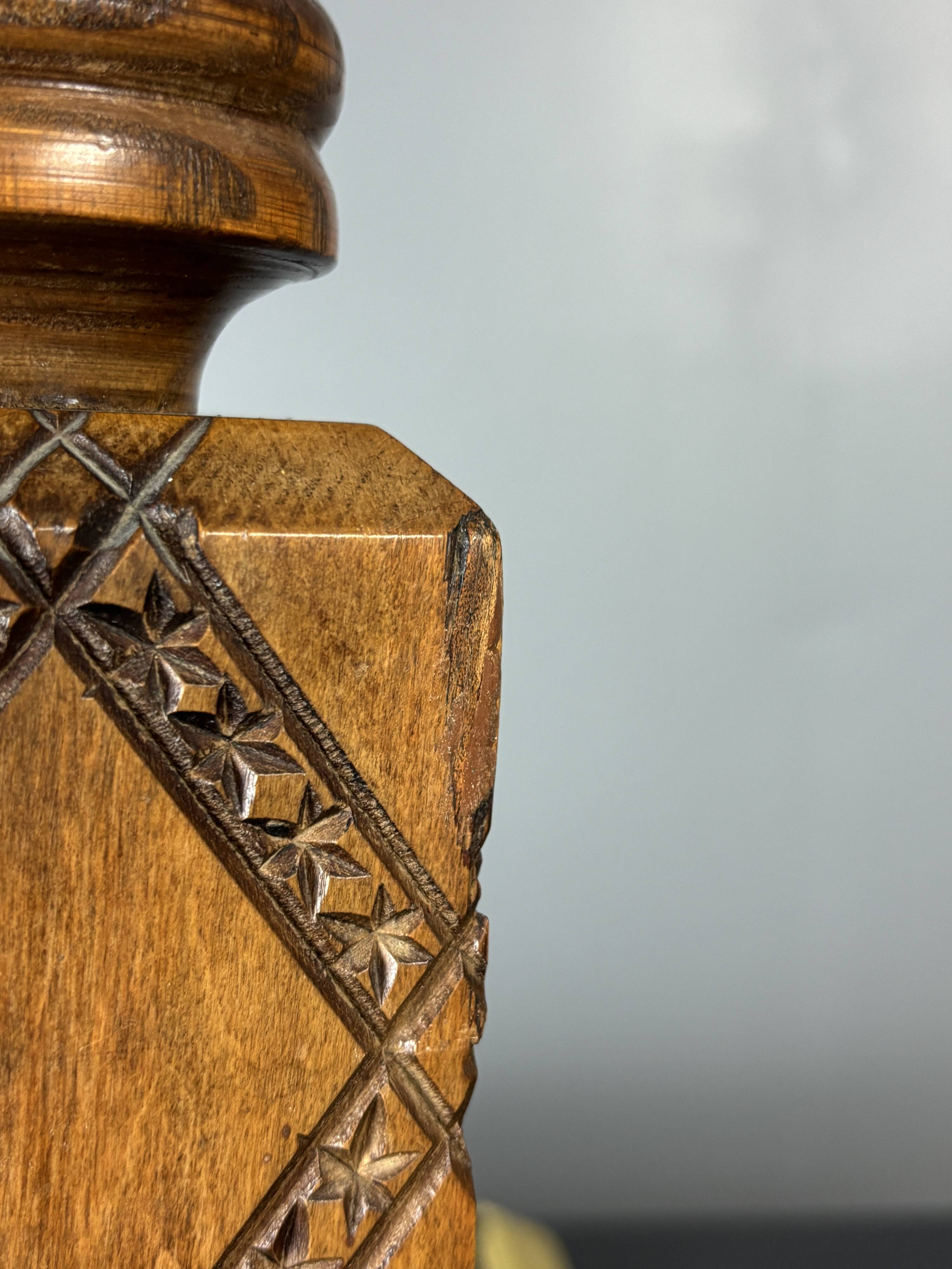 Midcentury brutalist wood turned table lamp in the style of Charles Dudouyt