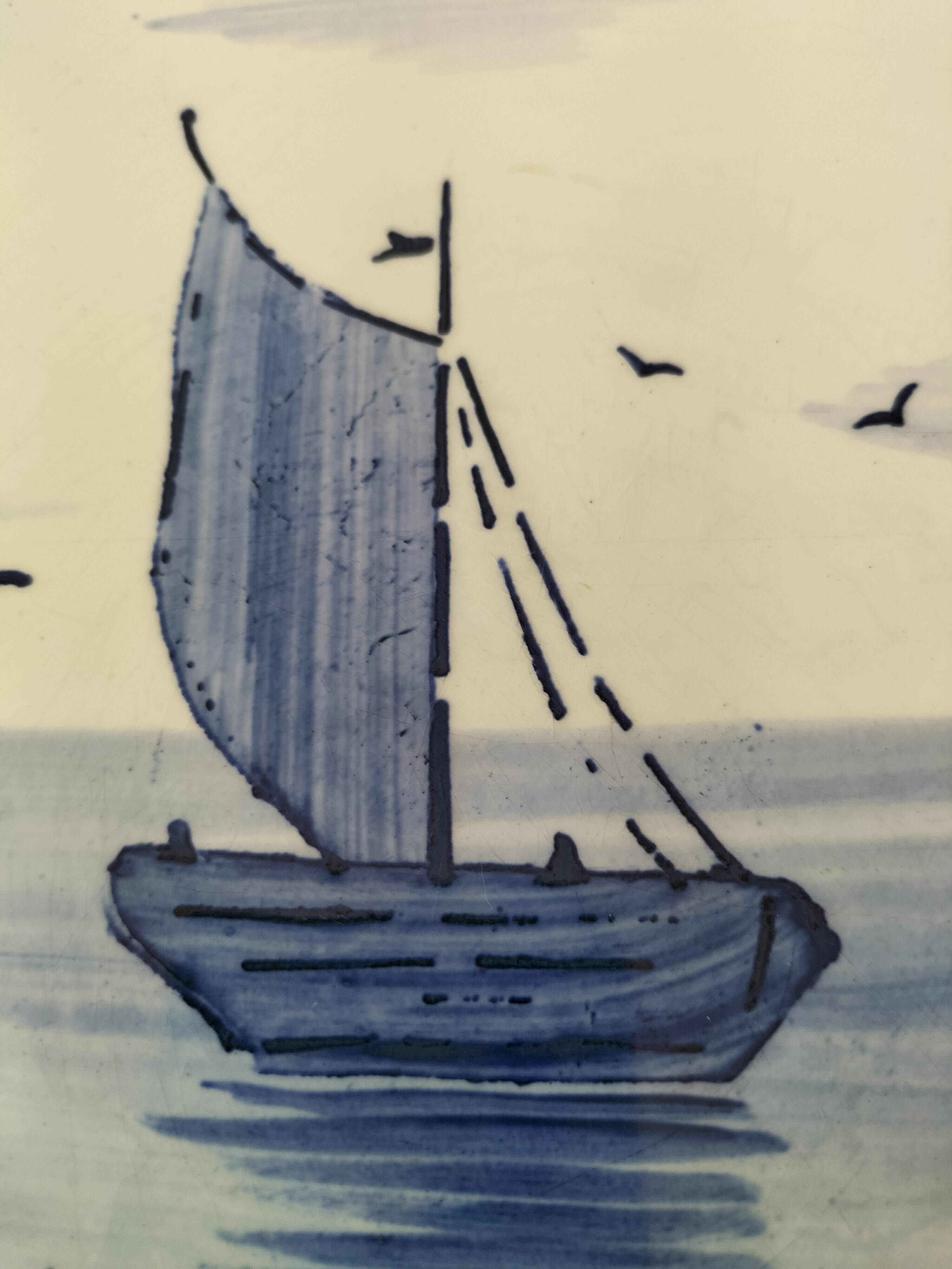 Large antique dish with sailboat decoration – signed A. Lebacqz & M. Bouchart