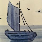 Large antique dish with sailboat decoration – signed A. Lebacqz & M. Bouchart
