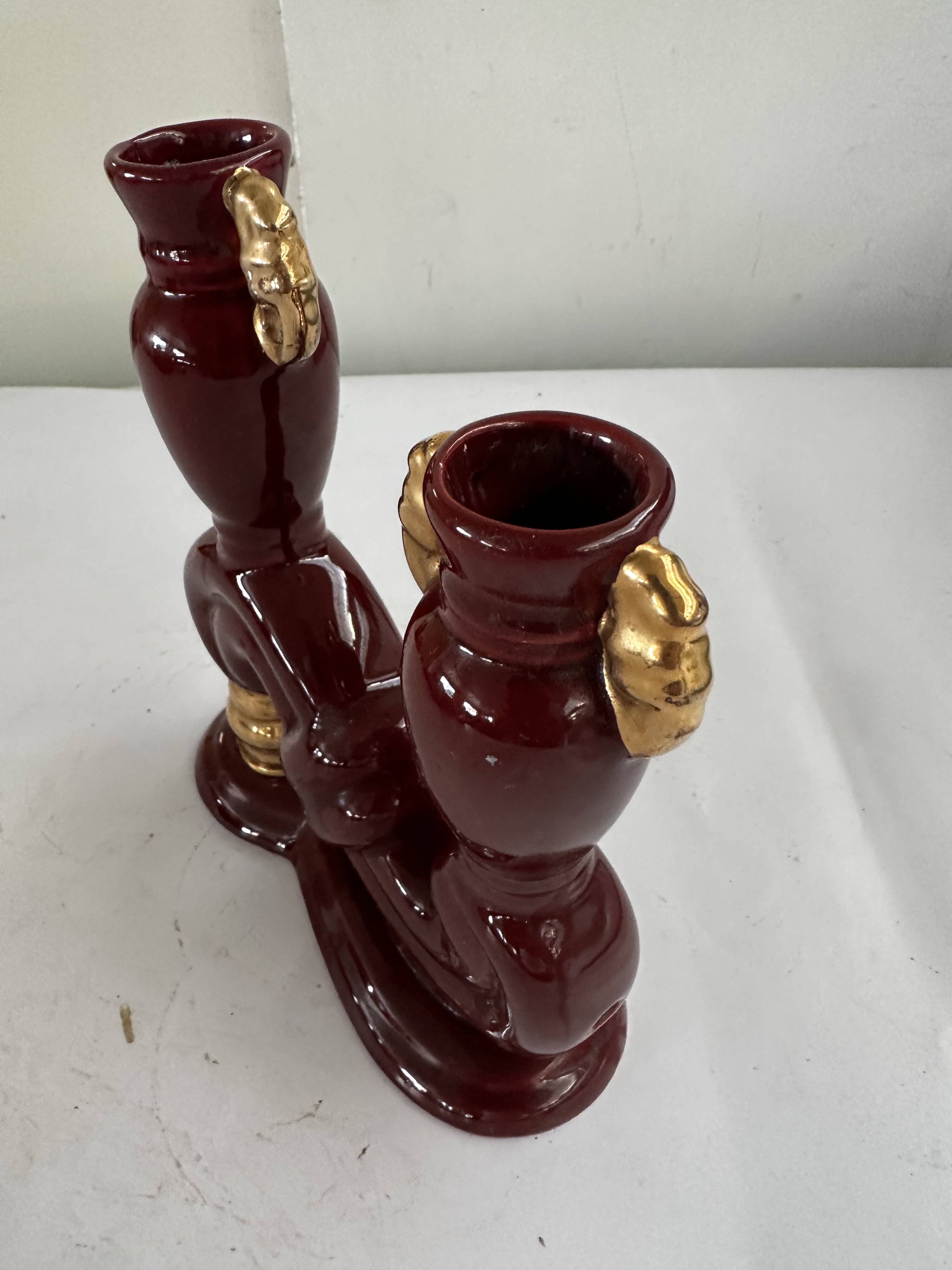 Bordeaux and Gold glazed earthenware candlestick attributed to Vallauris, 1950s