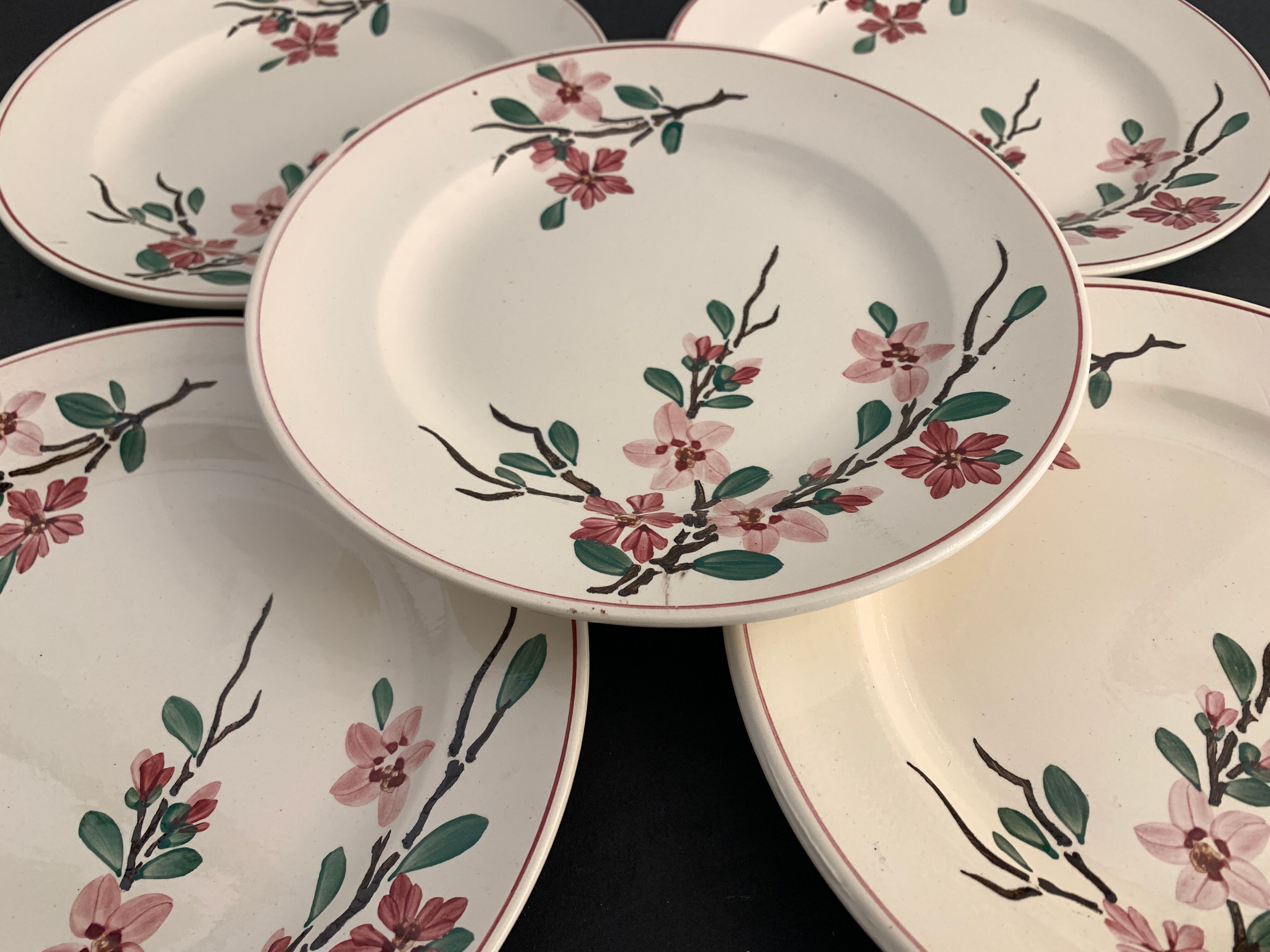 5 assiettes à dessert Digoin Sarreguemines, modèle Aigues Vives, 1940