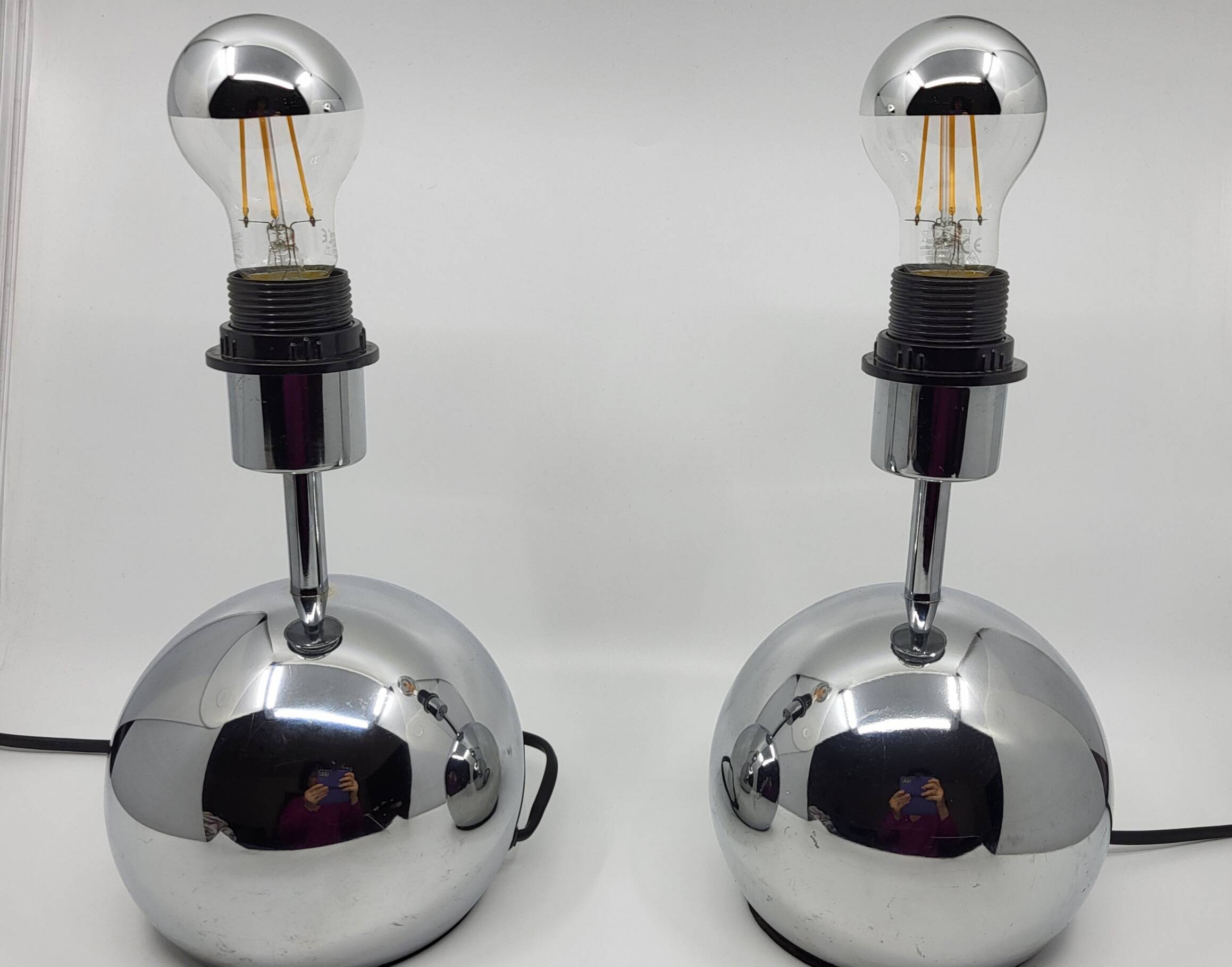 Pair of ball lamps, to be placed in chrome-plated stainless steel Vintage