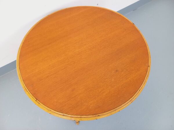 Table basse ronde en rotin et bois vintage des années 60