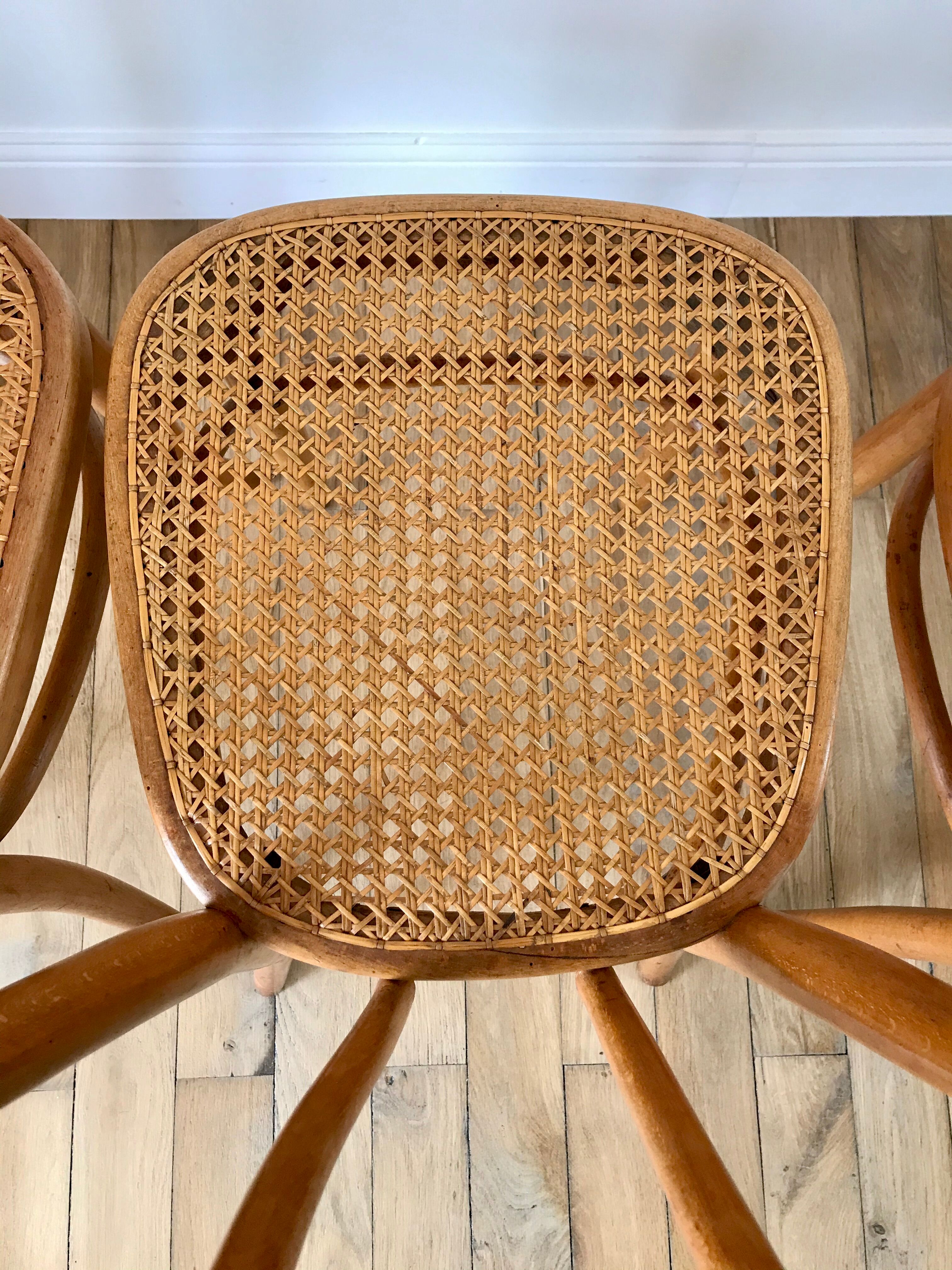 Set of 4 cane chairs in bentwood and honey-coloured cane thonet early 20th century