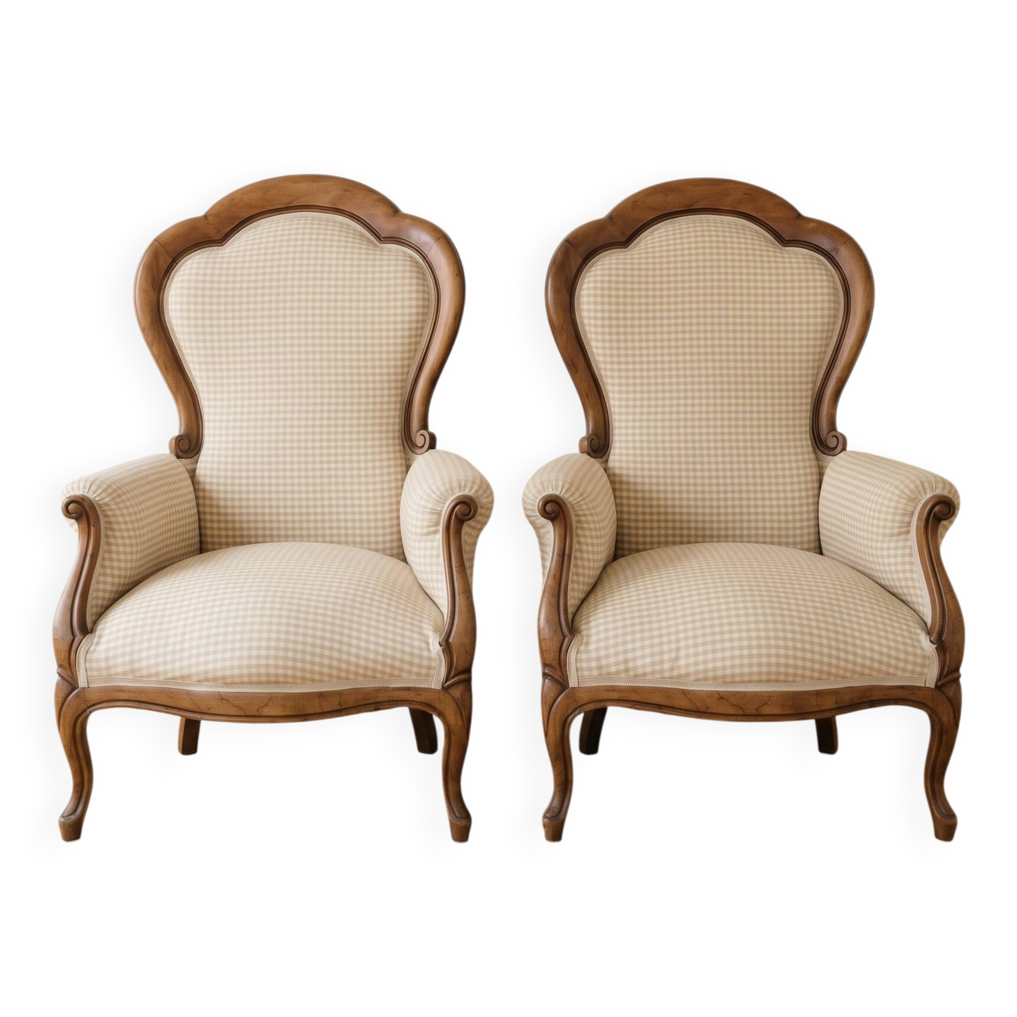 Pair of Voltaire armchairs in wood and gingham fabric.