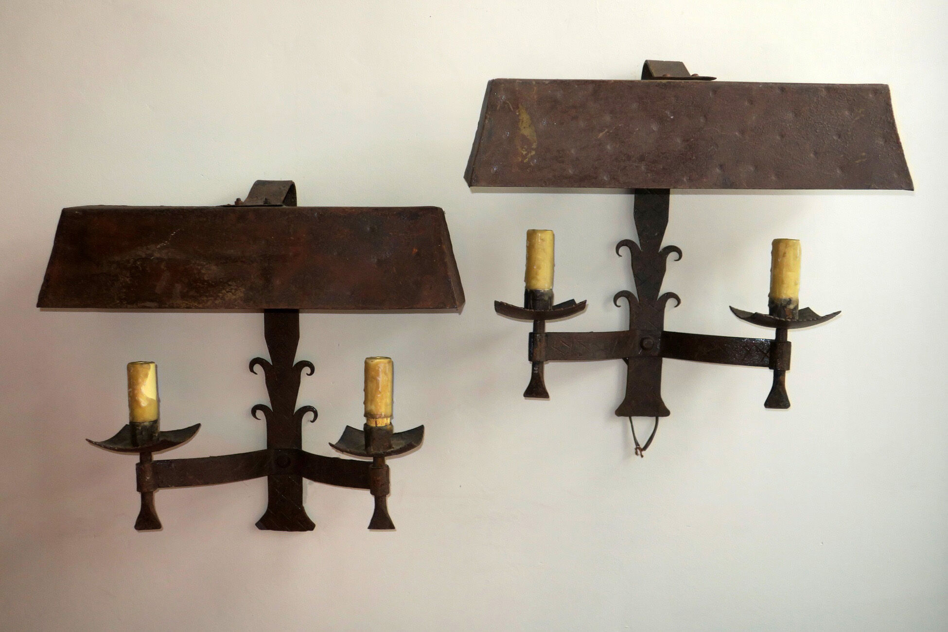 Pair of mid century patinated iron outdoor wall lights, 1960