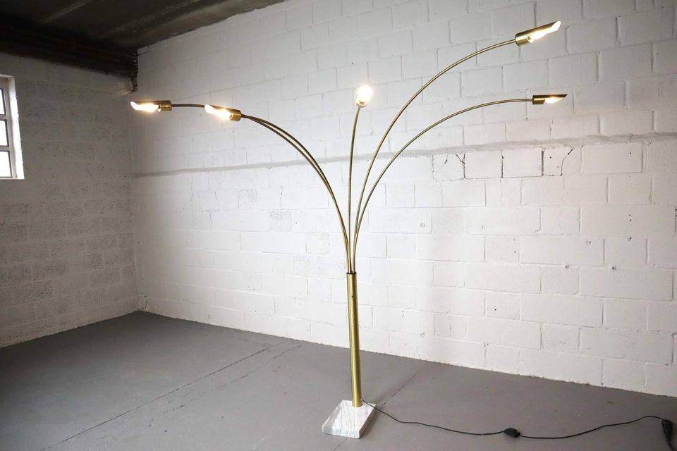 Italian regency brass arc floor lamp with five arms and marble base, 1970's
