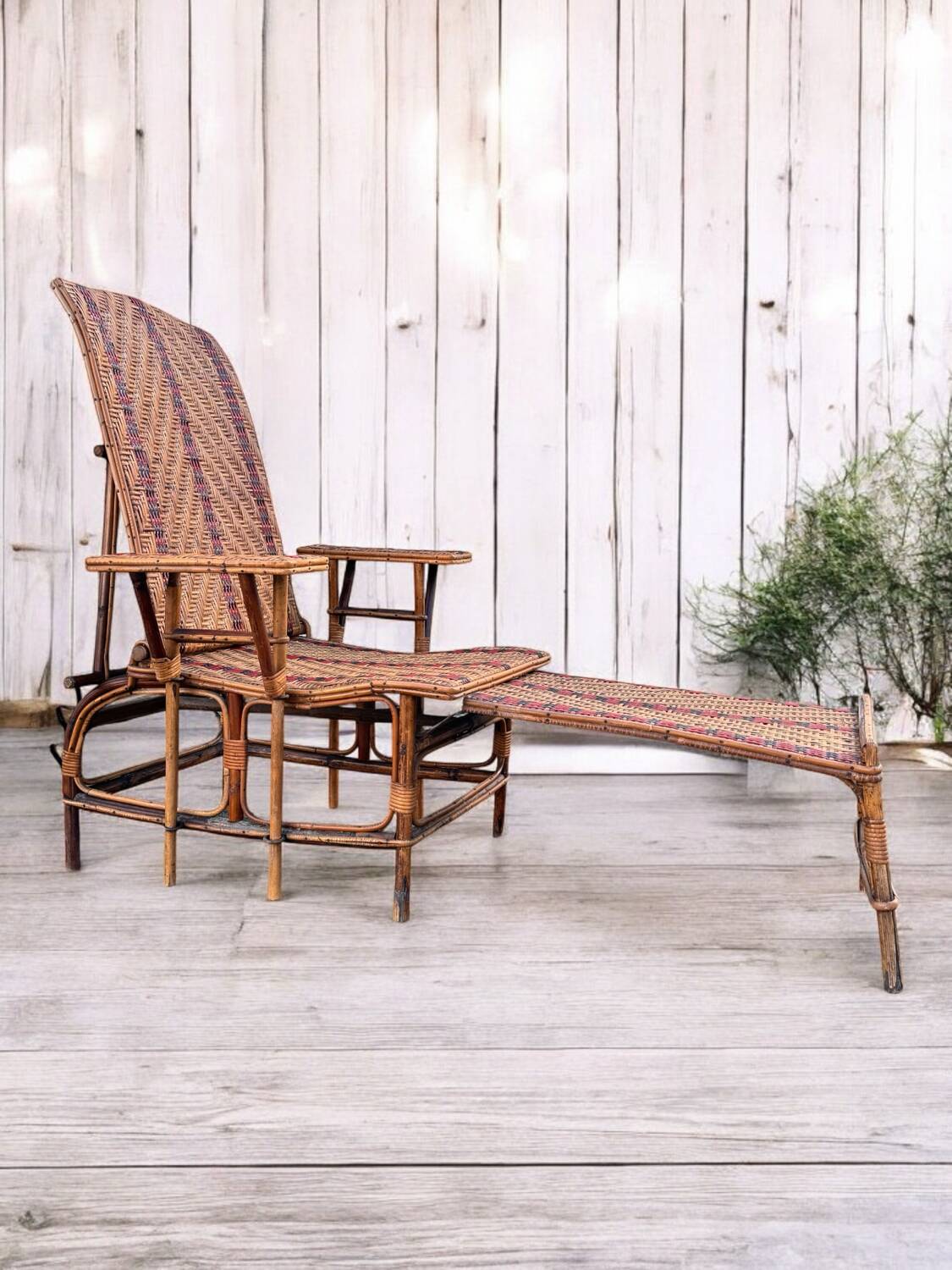 Antique rattan and wicker chaise longue, circa 1930