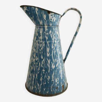 Vintage enamelled metal pitcher - blue and white