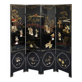 Chinese folding screen with 4 panels in lacquered wood and hard stone inlays.