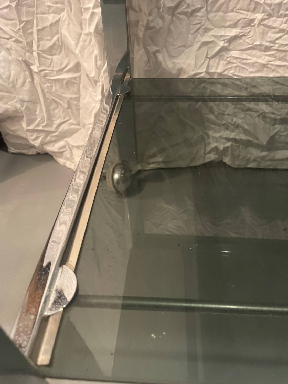 Vintage chrome serving cart/rolling table with smoked grey glass, circa 1970