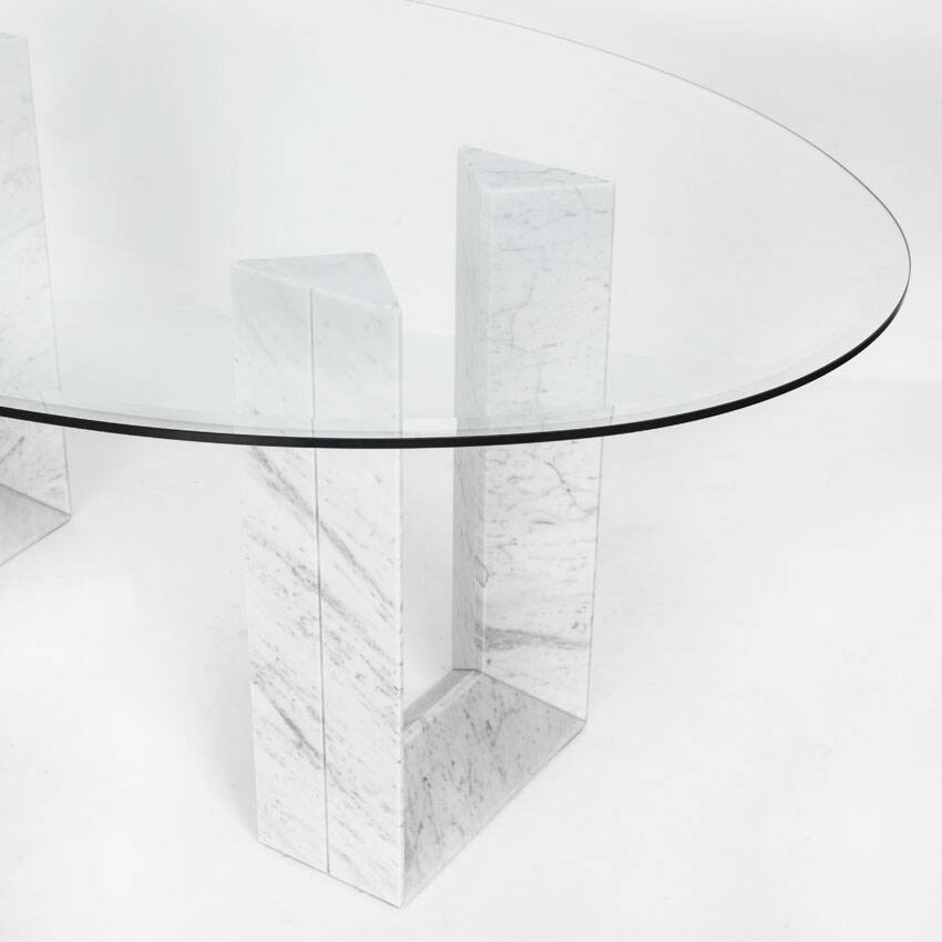 Table named "Diapason". Carrara marble and glass. Cattelan Italia. 90s.