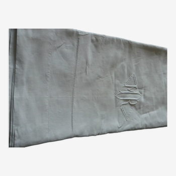 Drap ancien Lin brodé main 2.42 x 3.17 m Monogramme MR Début XXe art déco