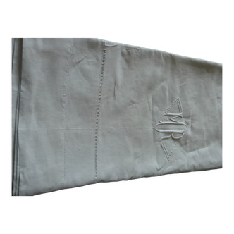 Drap ancien Lin brodé main 2.42 x 3.17 m Monogramme MR Début XXe art déco