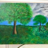Tableau huile sur toile paysage église pointillisme ancien