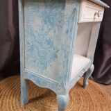 Low bedside table, 1 drawer, white and blue redesigned