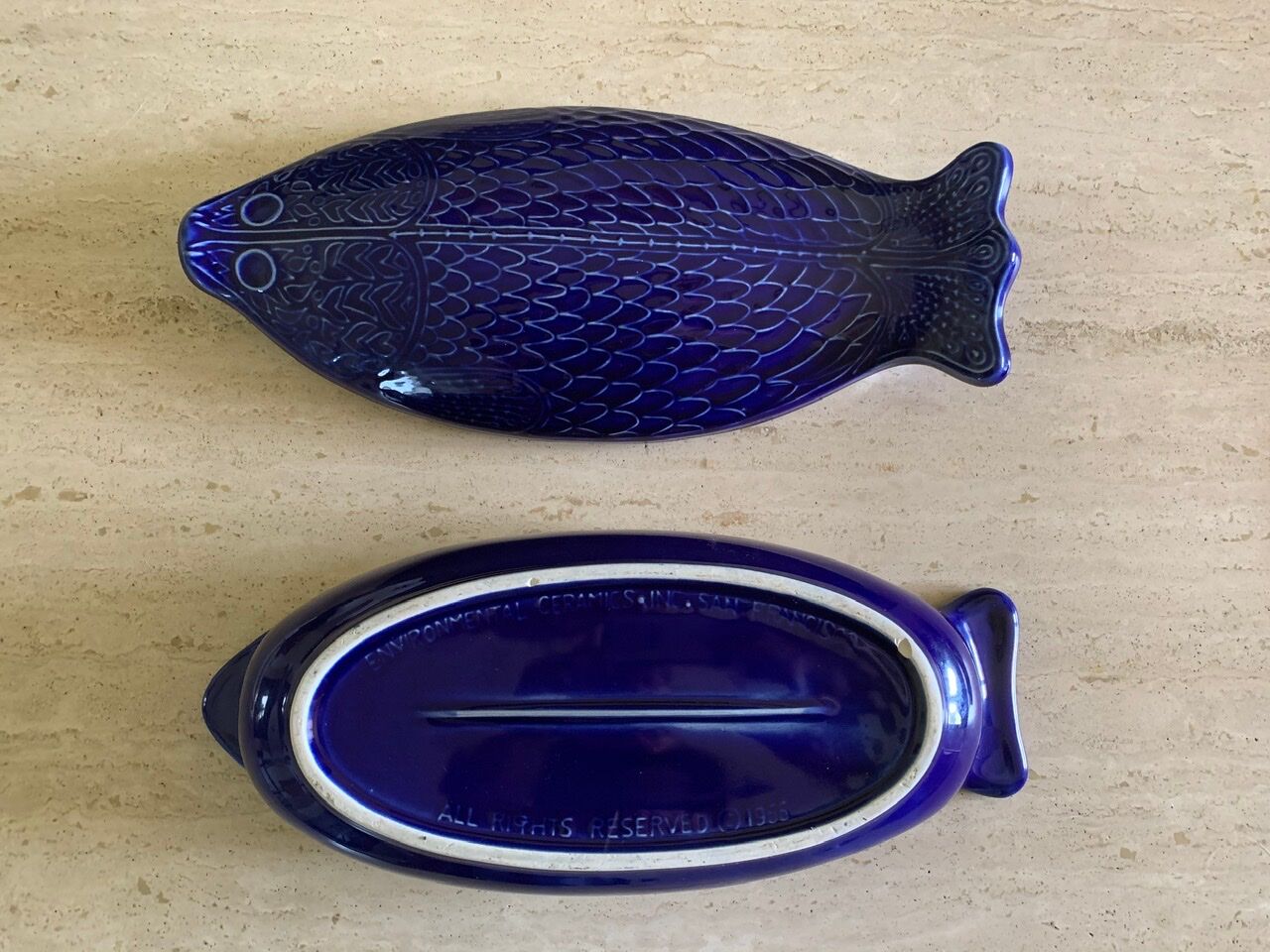 Vintage blue ceramic serving dish by Environmental Ceramics Inc., San Francisco, 1966
