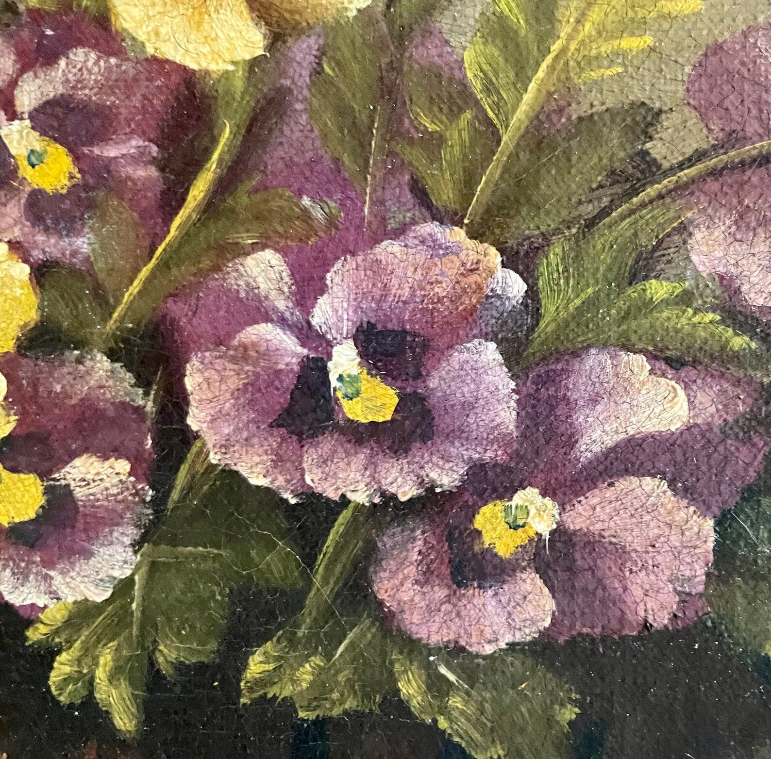 Peinture à l’huile du XIXème siècle sur toile nature morte avec vase de pensées antique vintage original