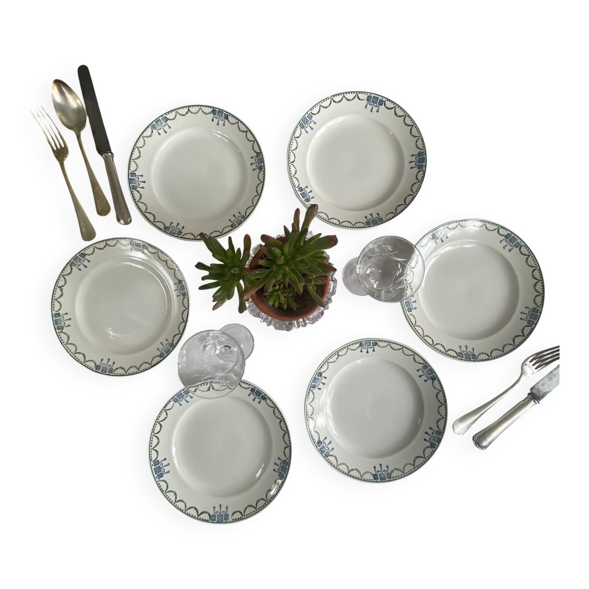 6 antique earthenware dessert plates from Saint Amand.