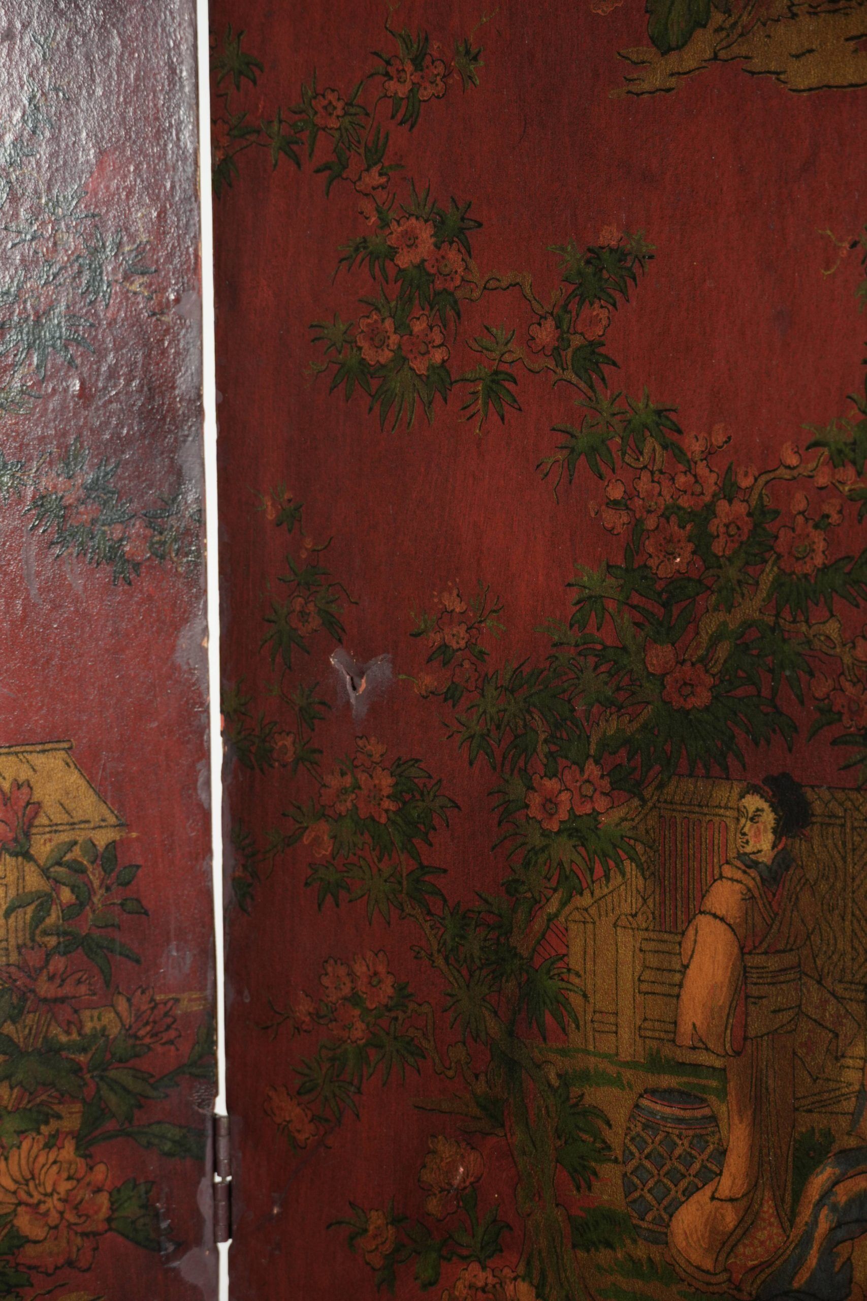 Antique English red leather hand-painted chinoiserie room divider/ screen