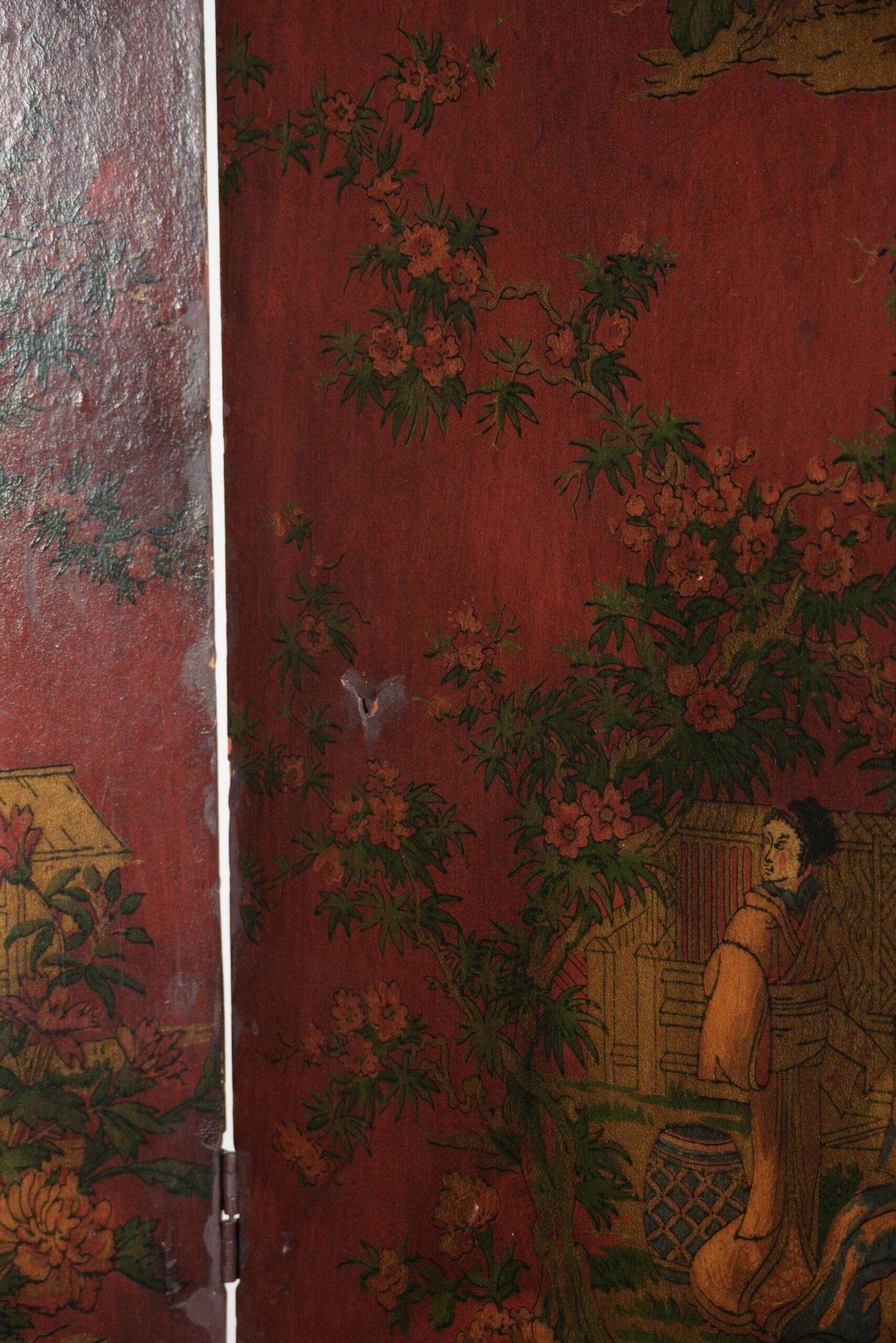 Antique English red leather hand-painted chinoiserie room divider/ screen