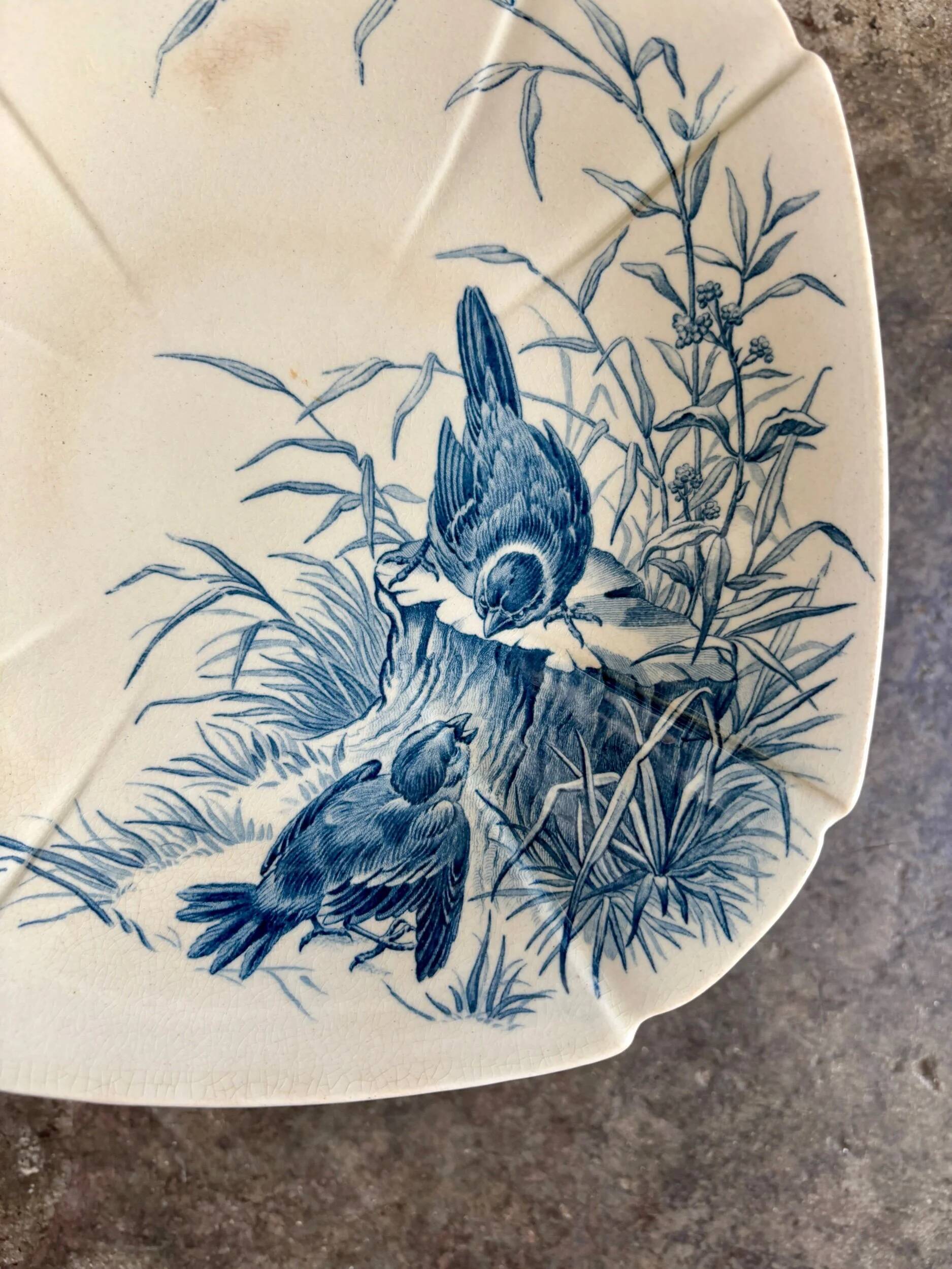 Large compote dish Gien in blue ironstone, "Birds" service around 1870.