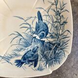 Large compote dish Gien in blue ironstone, "Birds" service around 1870.