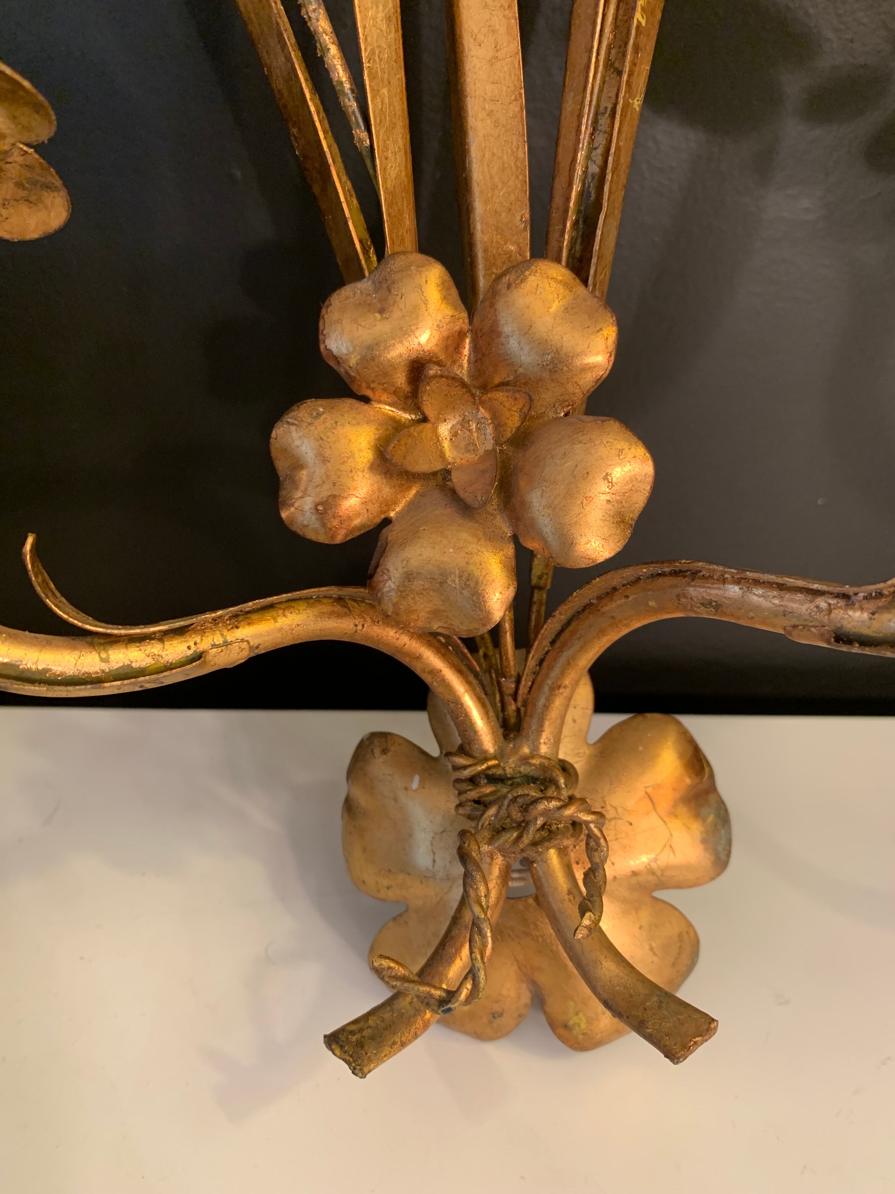 Pair of 1950 design sconces in gold metal sheaf of wheat
