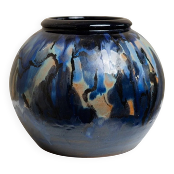Vase en céramique émaillée vintage danoise par Hildegon Als en émail bleu-brun, milieu du siècle des années 1960.