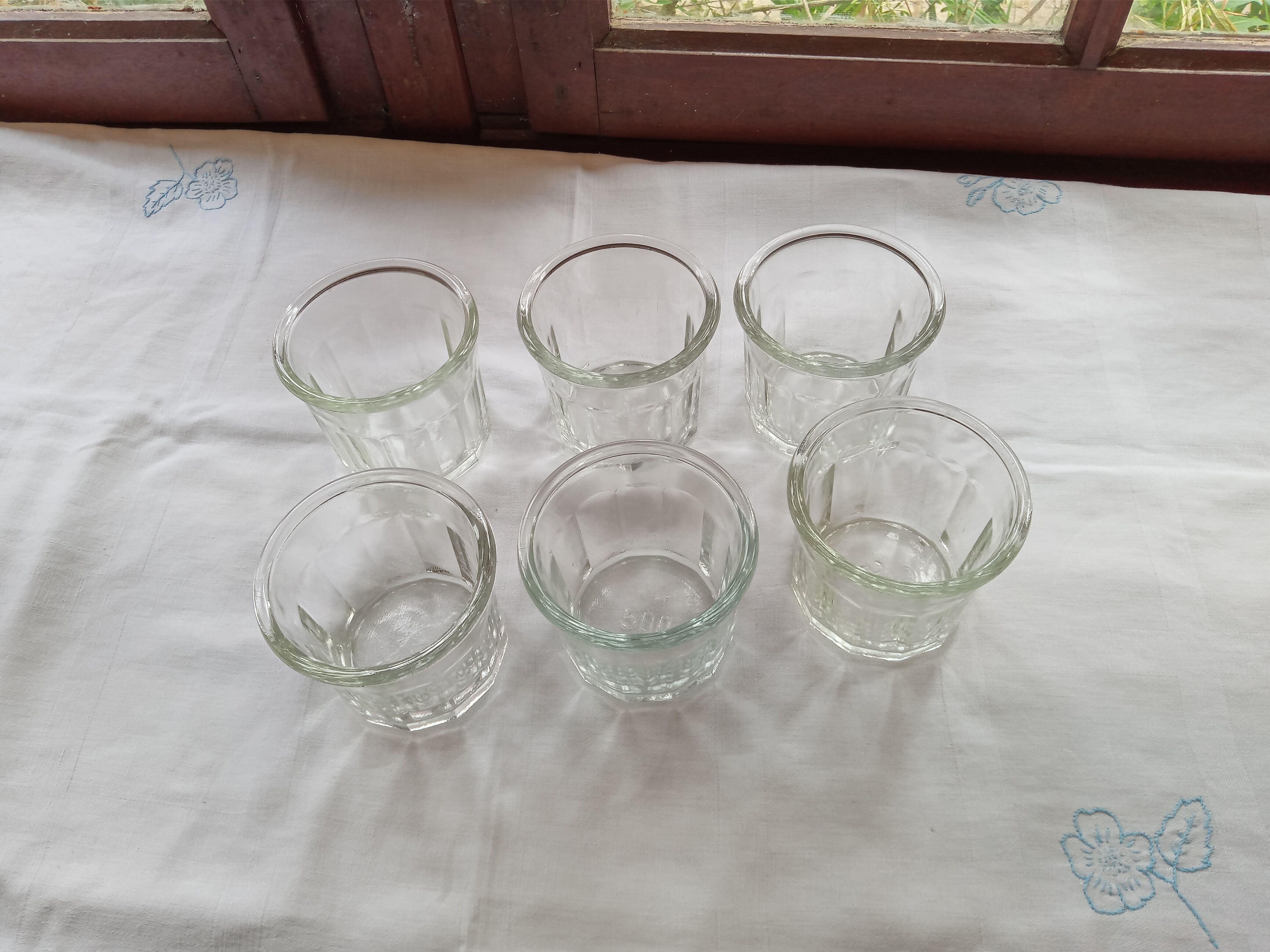 6 old glass jam jars