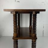 Brutalist wood turned wine press side table in the style of Charles Dudouyt