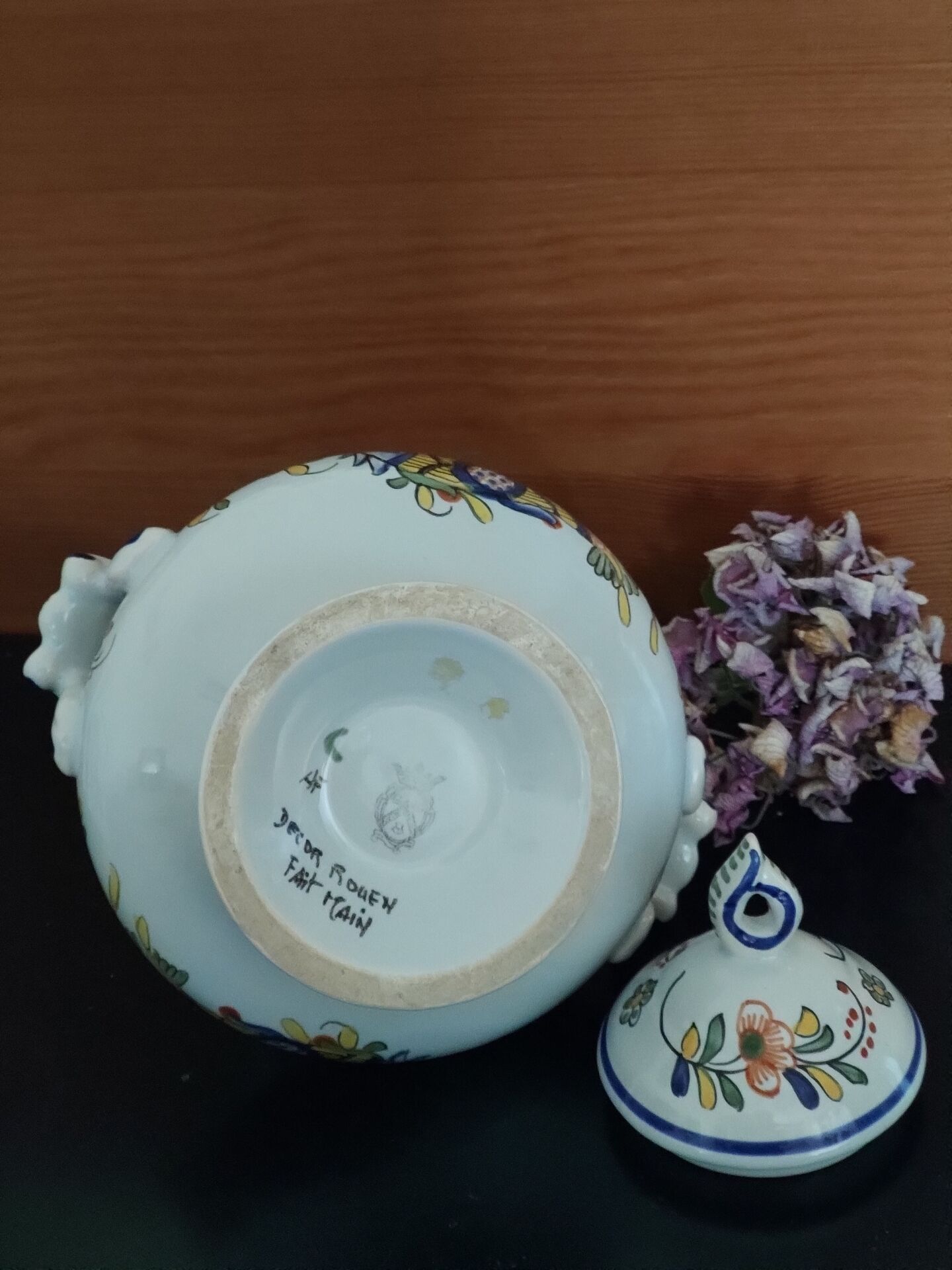 Antique sugar bowl in Rouen-style earthenware