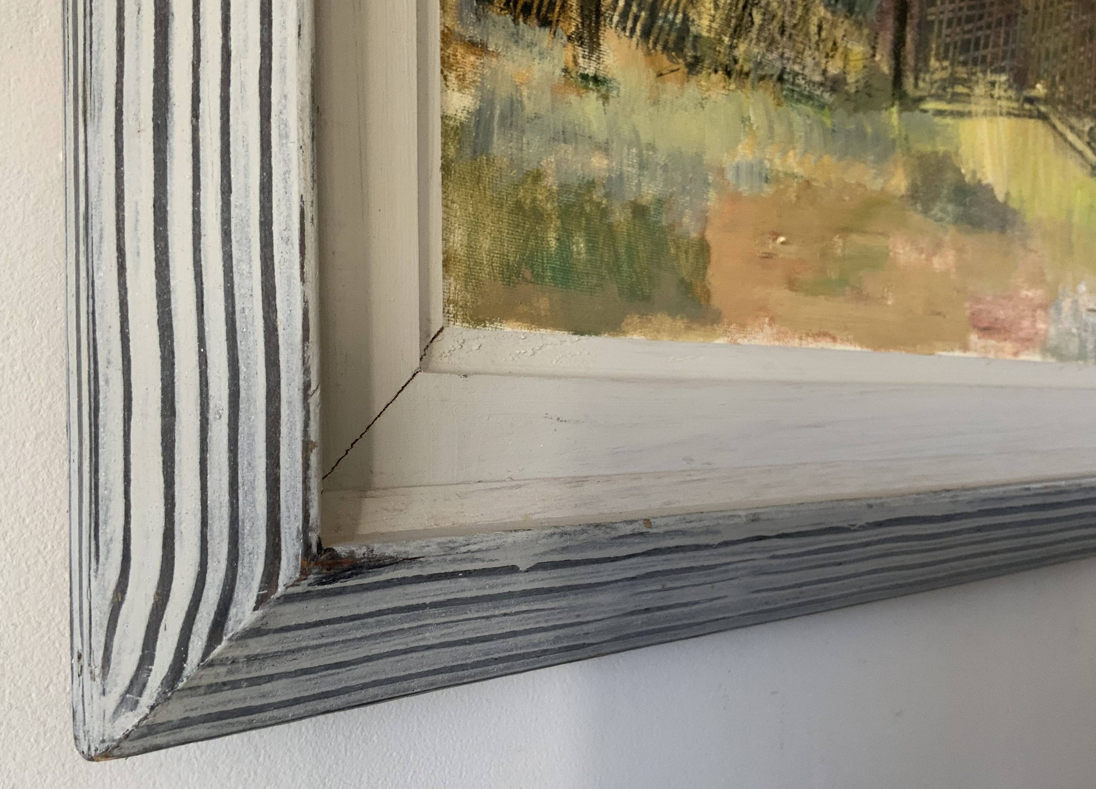 Vintage Oil Painting Fishing Village Scene 1950s