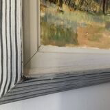 Vintage Oil Painting Fishing Village Scene 1950s