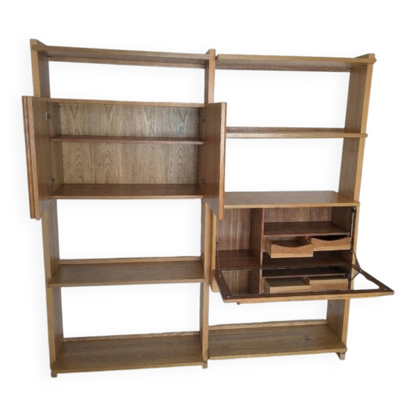 Bibliothèque-Bar Scandi-Modern en Placage de Bois (Années 70)