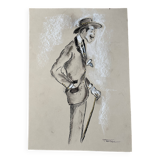 Tableau signé fusain et or iridescent portrait gentleman « Dandy »