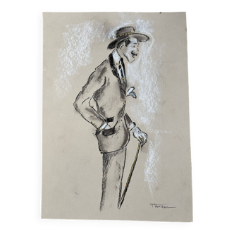 Signed charcoal and iridescent gold painting portrait gentleman “Dandy”