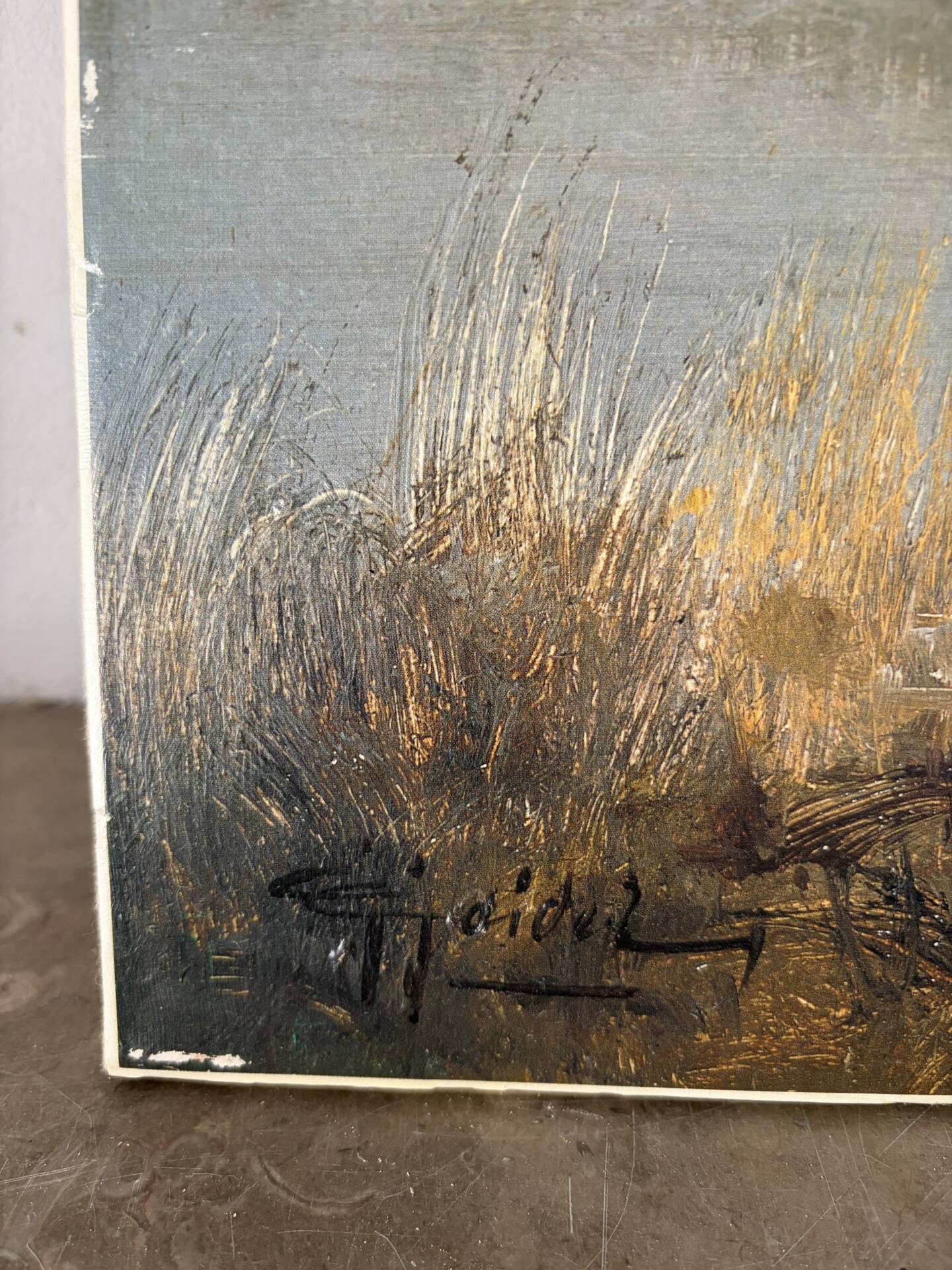 Village by the water, oil on paper signed