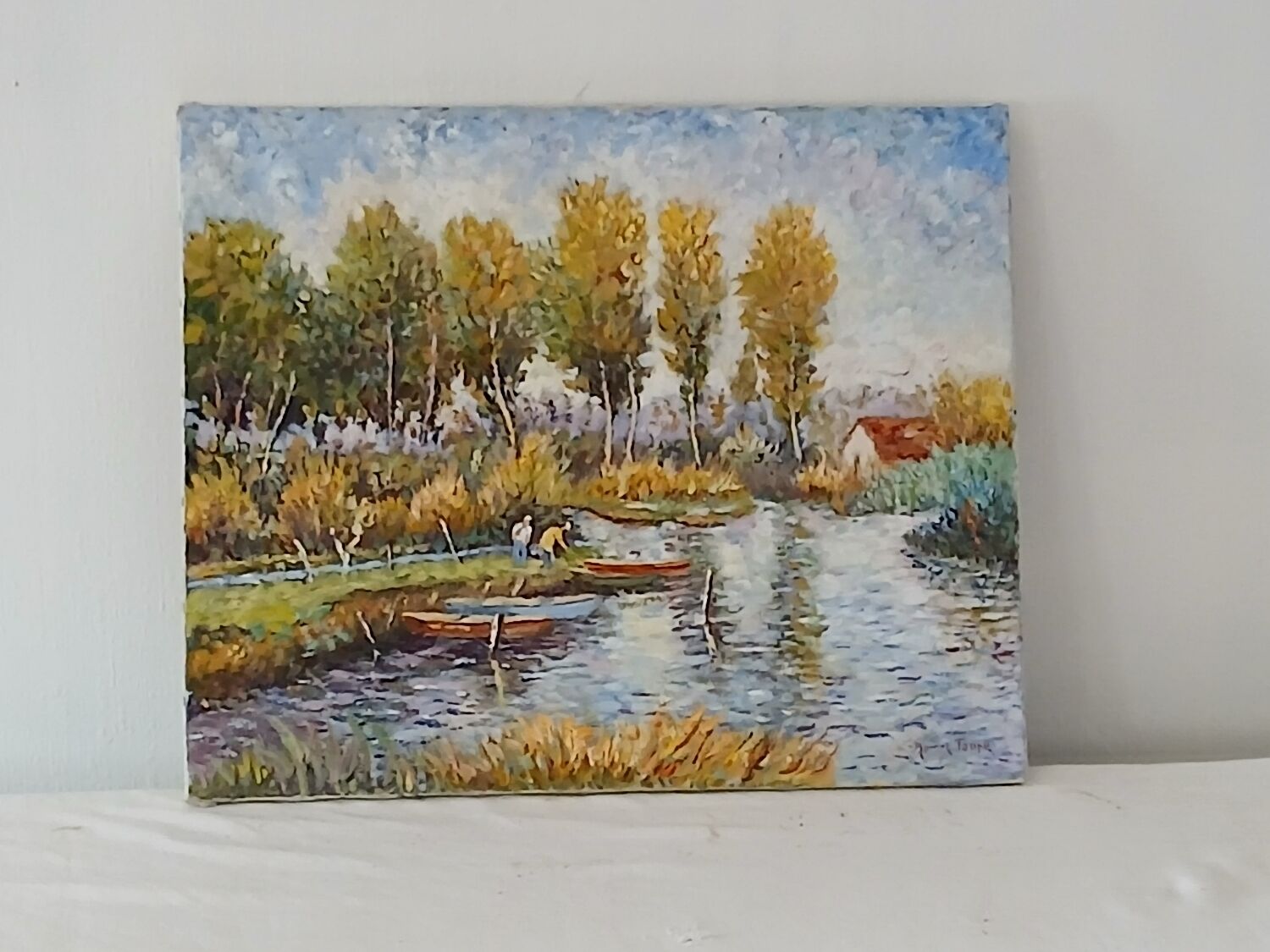 Old bucolic painting – Fishermen and poplars by the water